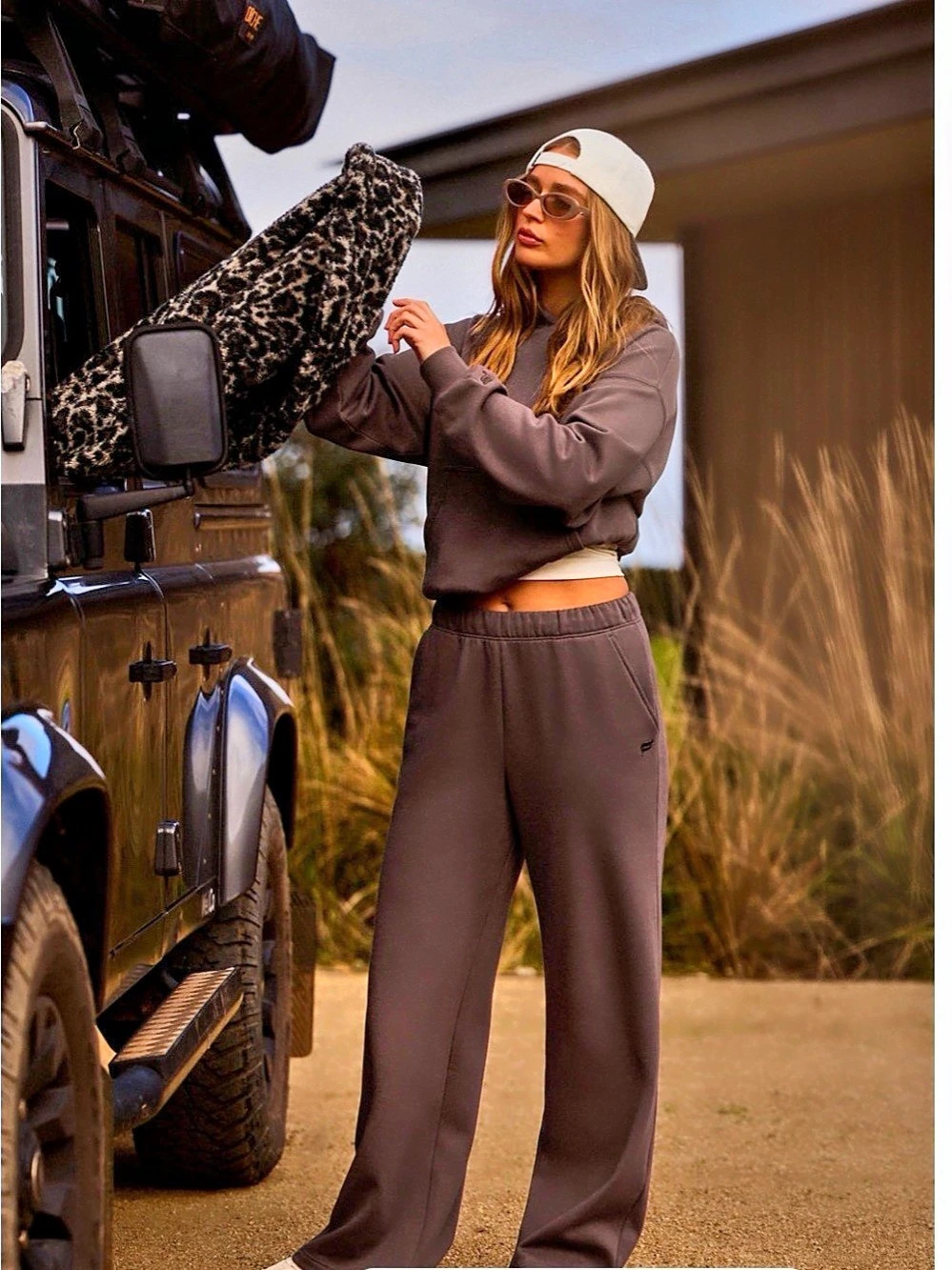 Fabletics Cozy Fleece Wide Leg Sweatpant Brown